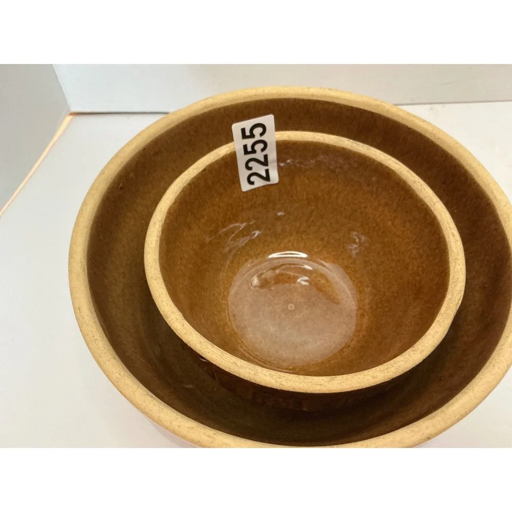 Vintage Mixing Bowls Set of 2 Basket Weave Brown Stoneware 7in 5in USA